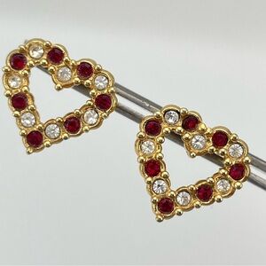 Beautiful Avon Heart Stud Earrings  Vintage Gold Tone with Red Clear Rhinestones